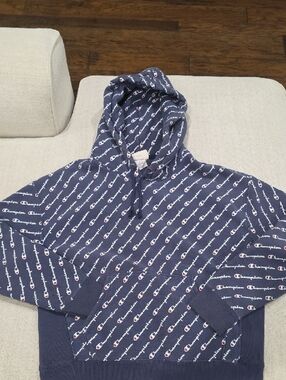Champion Navy Allover Logo Pullover Hoodie